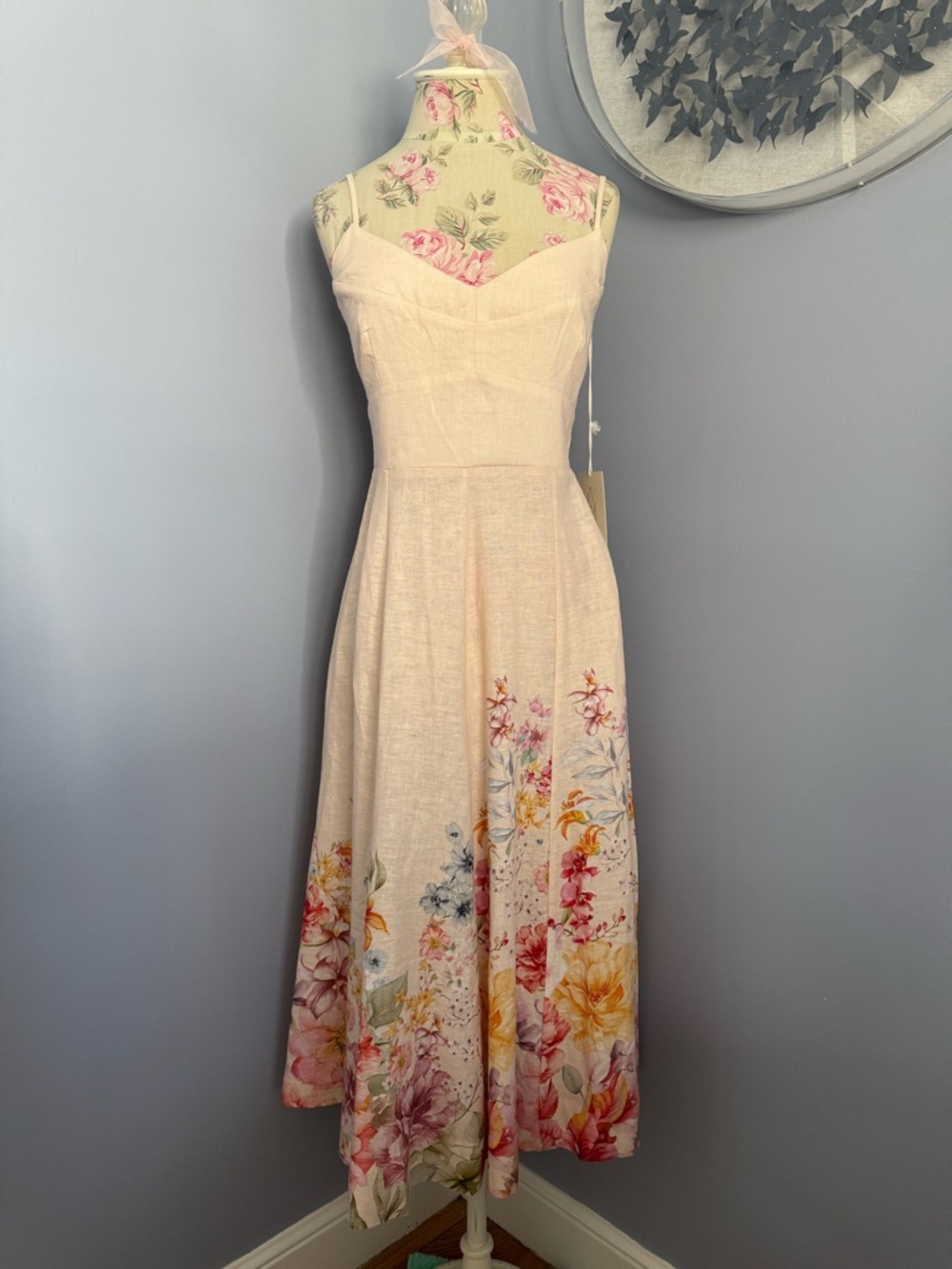 Joie Soft Peachy Pink Midi Dress with Multicolor Floral Hem